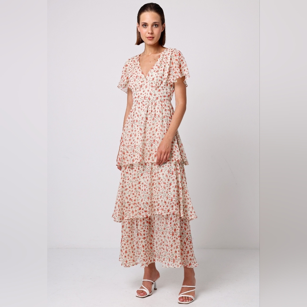 NWT Cream Maxi Dress with Floral Pattern Summer Wedding Guest Dress
